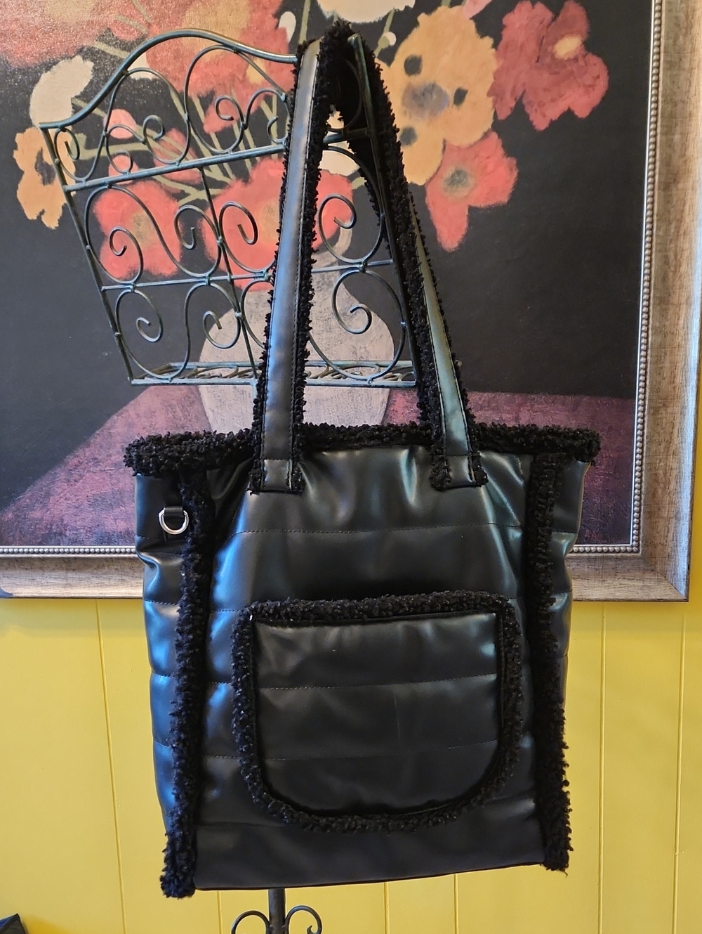 Black Quilted Faux-Leather Tote with Sherpa Trim No Crossbody Strap